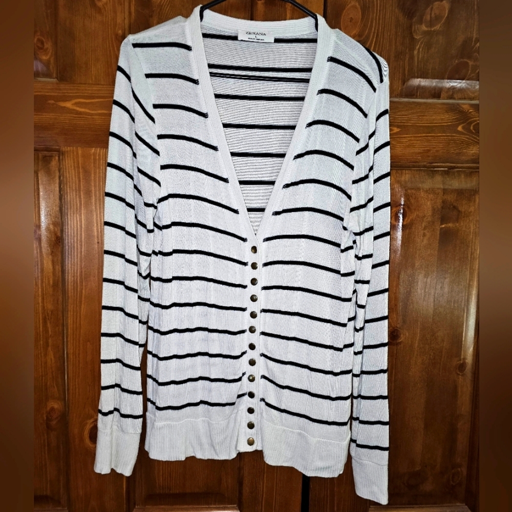 Women's Black and White Striped Snap Front Cardigan